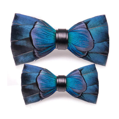 Cascading Navy Feather Bow Tie with Lapel Pin