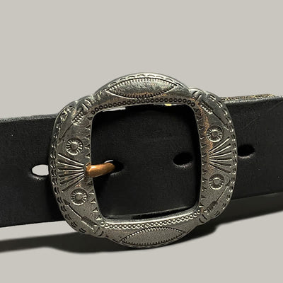 Retro Embossed Sun Pattern Silver Buckle Leather Belt