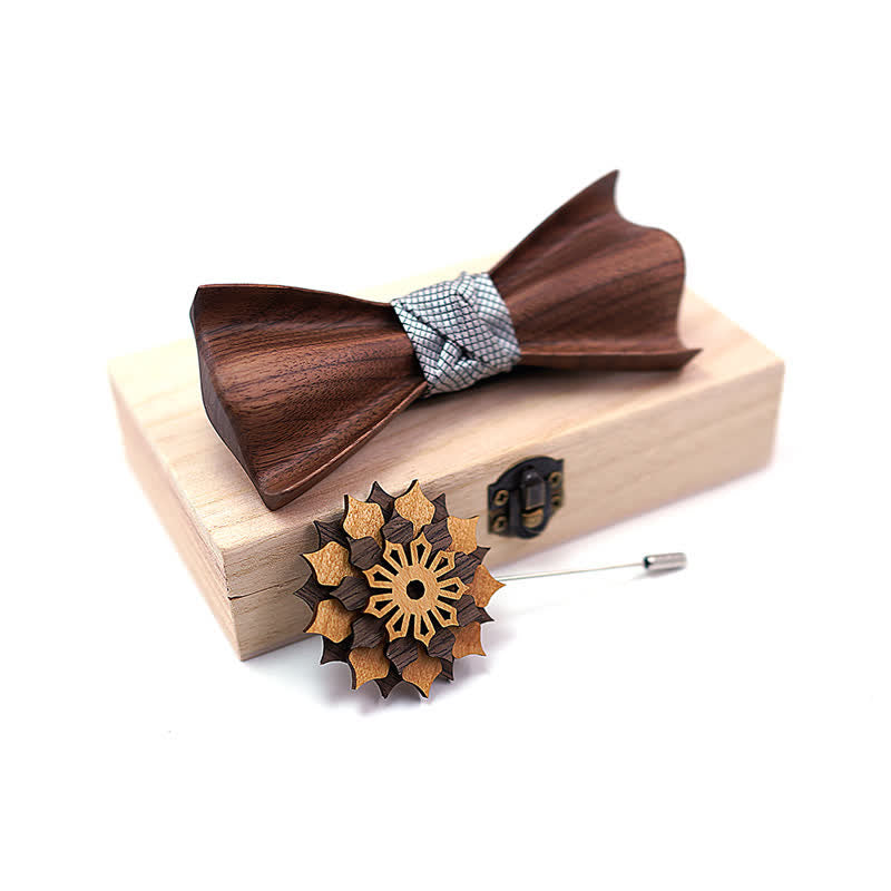 2Pcs Men's 3D Design Black Walnut Wooden Bow Tie Set