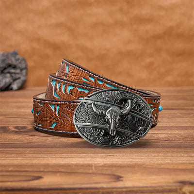 Men's DIY Longhorn Bull Hidden Folding Knife Leather Belt