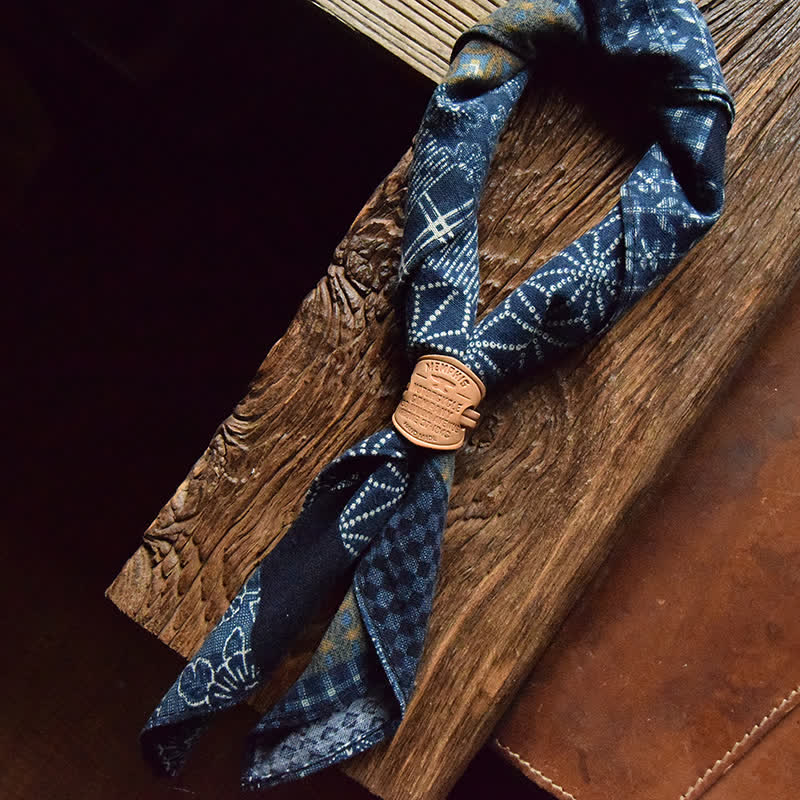 Blue Patchwork Square Scarf with Leather Scarf Buckle