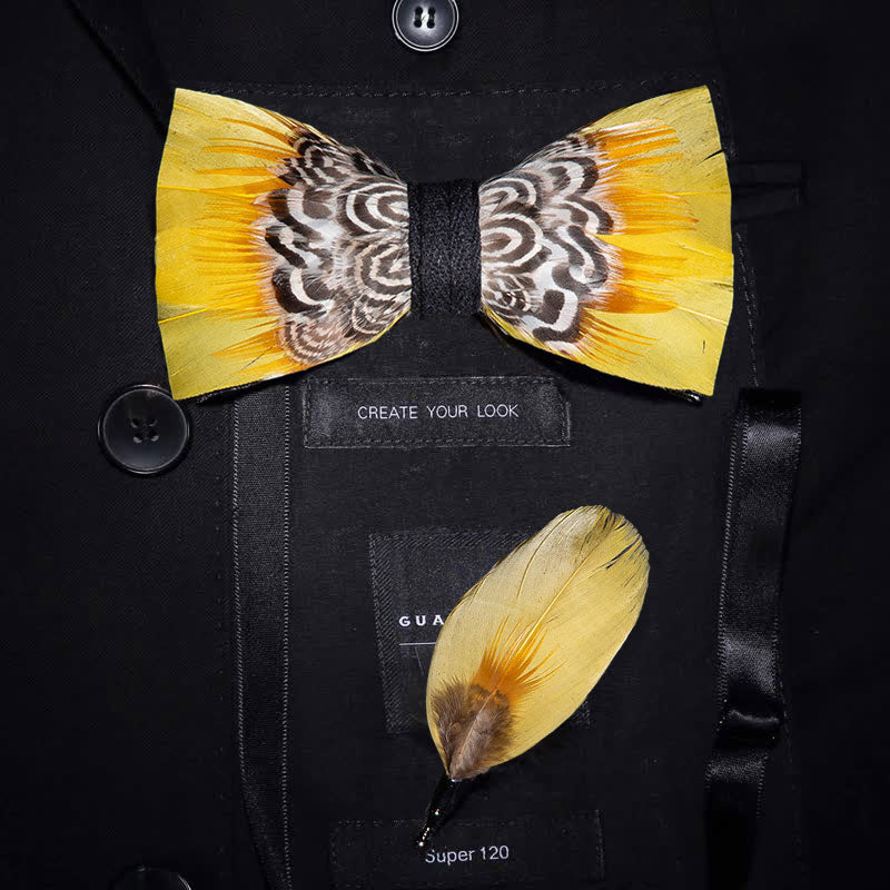 Yellow Tiger Print Feather Bow Tie with Lapel Pin