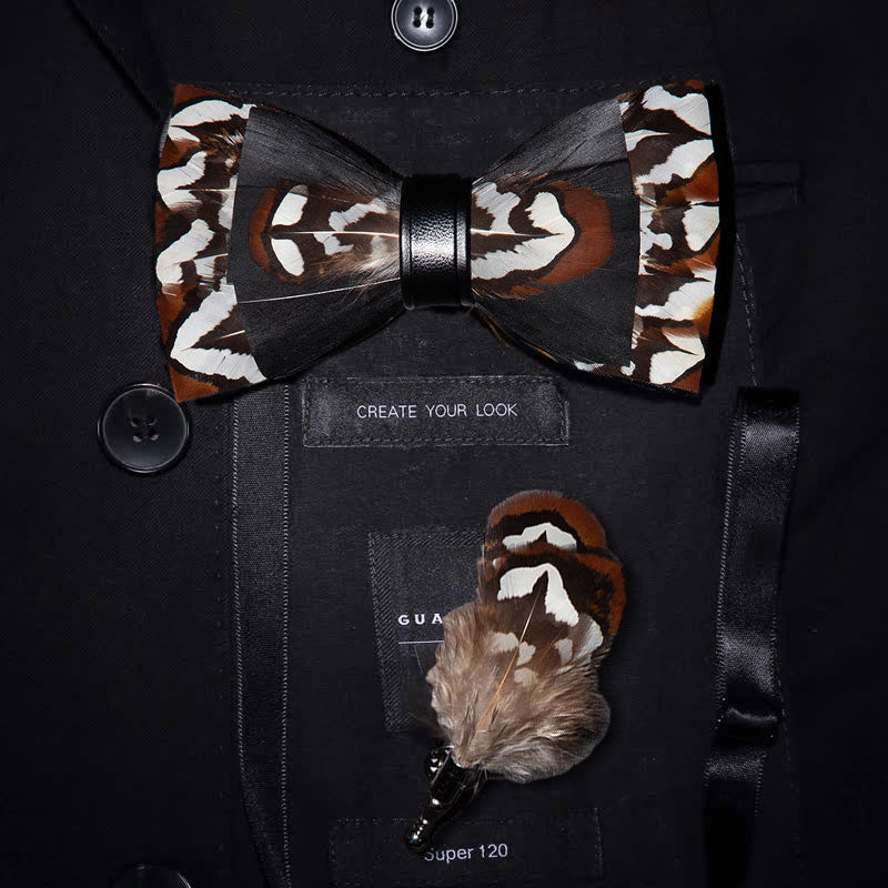 Black & Brown Gentle Feather Bow Tie with Lapel Pin