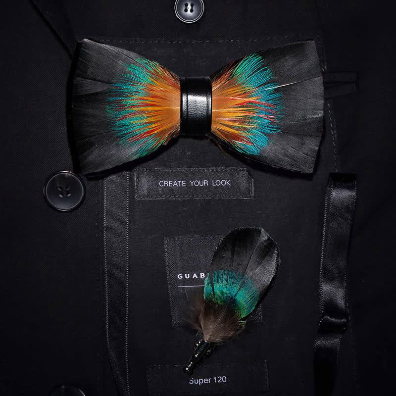 Black & Orange Noble Feather Bow Tie with Lapel Pin