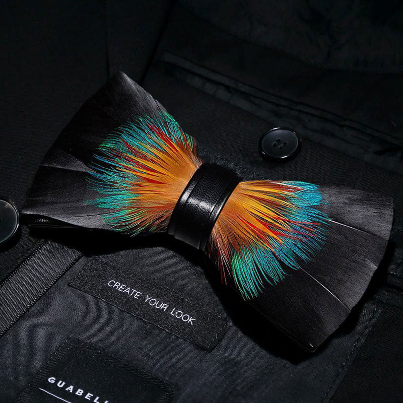 Black & Orange Noble Feather Bow Tie with Lapel Pin