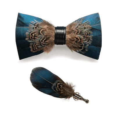 Green & Brown Vintage Feather Bow Tie with Lapel Pin