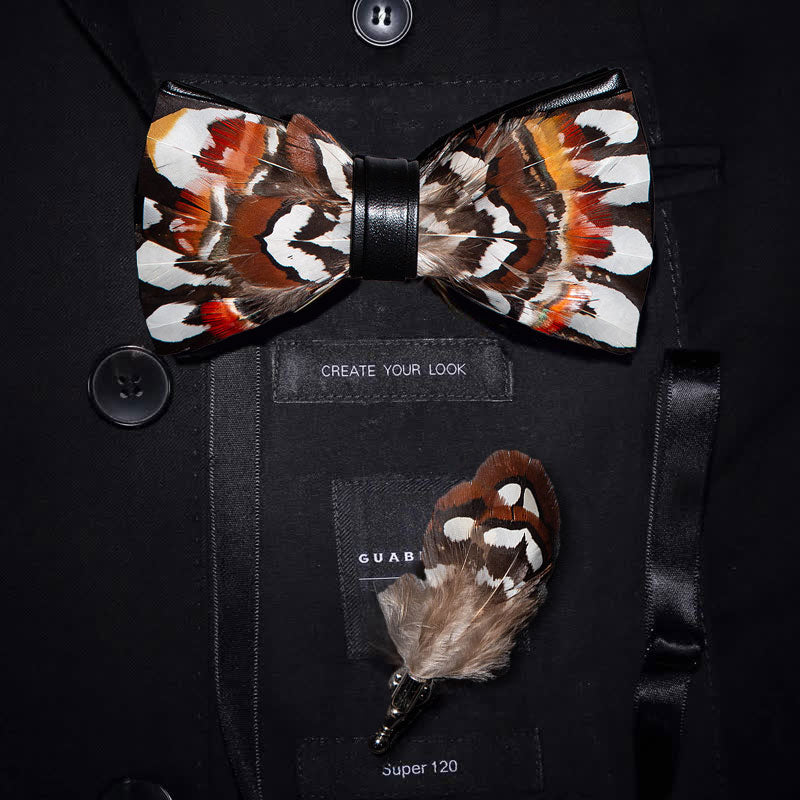 Brown & White Pheasant Feather Bow Tie with Lapel Pin