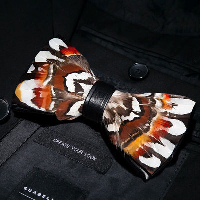 Brown & White Pheasant Feather Bow Tie with Lapel Pin
