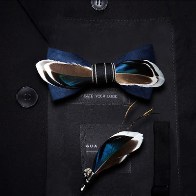 Navy Blue & Brown Vintage Feather Bow Tie with Lapel Pin