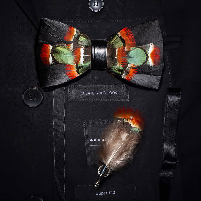 Black & Green Mallard Duck Feather Bow Tie with Lapel Pin