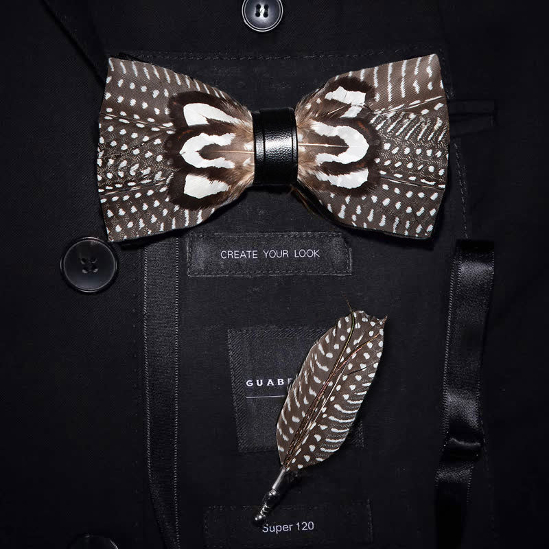 Brown & White Spots Feather Bow Tie with Lapel Pin