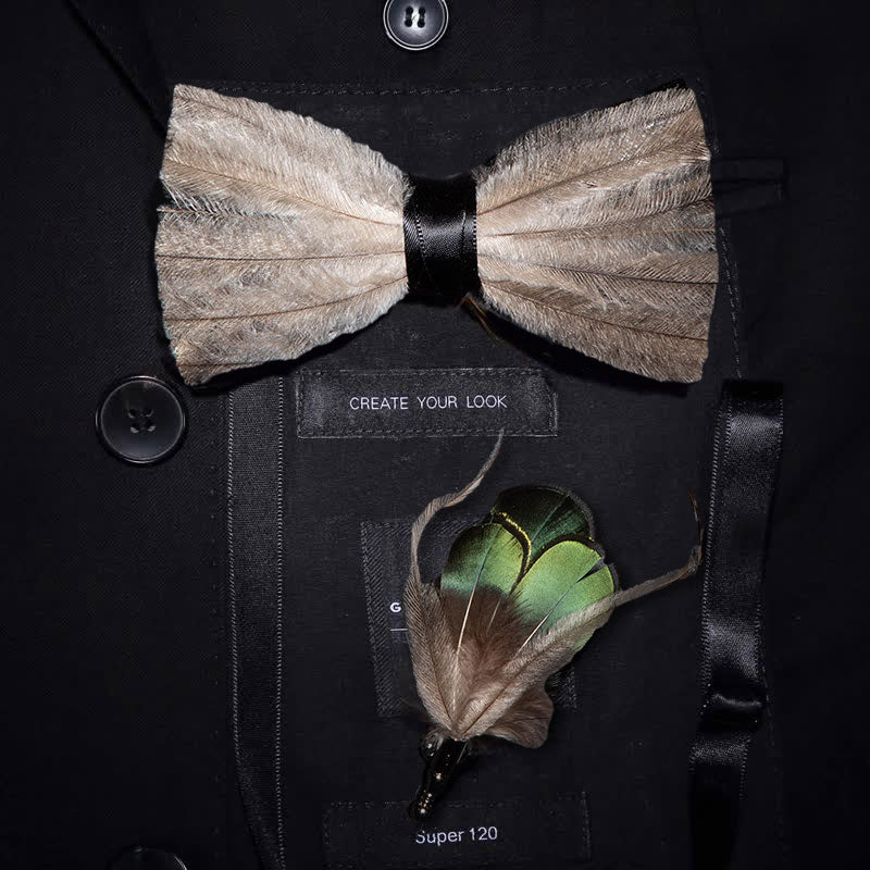 Brown & Gray Peace Feather Bow Tie with Lapel Pin