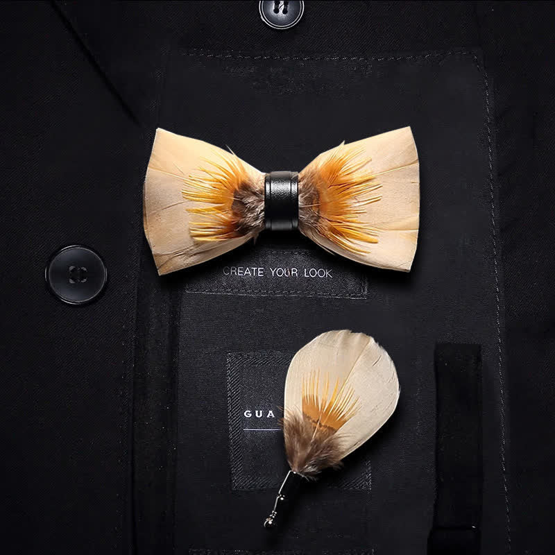Kid's Light Yellow Quiet Feather Bow Tie with Lapel Pin