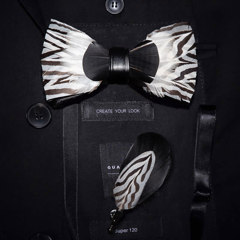 Black & White Zebra Feather Bow Tie with Lapel Pin