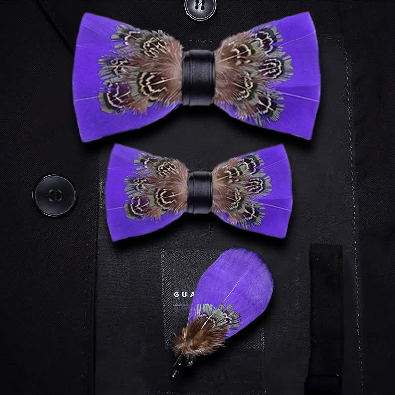 Graceful Purple Pheasant Feather Bow Tie with Lapel Pin
