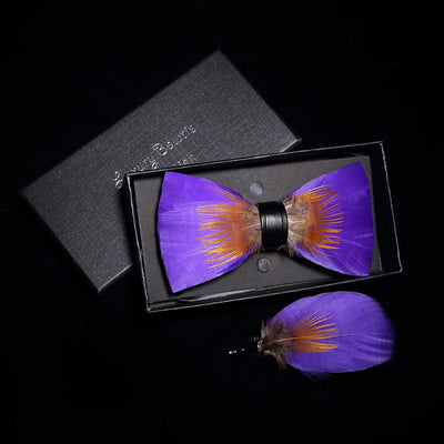 Purple & Orange Embellished Feather Bow Tie with Lapel Pin