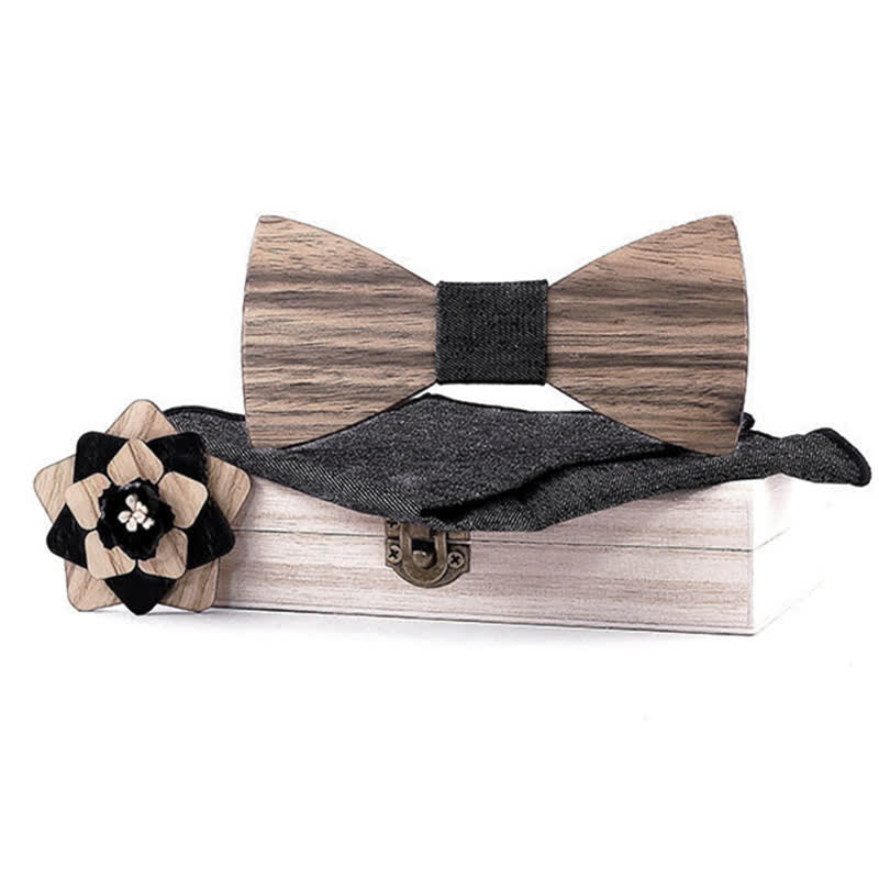 3Pcs Men's Lapel Flower Pin Walnut Wooden Bow Tie Set