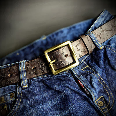 Distressed Cracked Embossed Pattern Strap Leather Belt