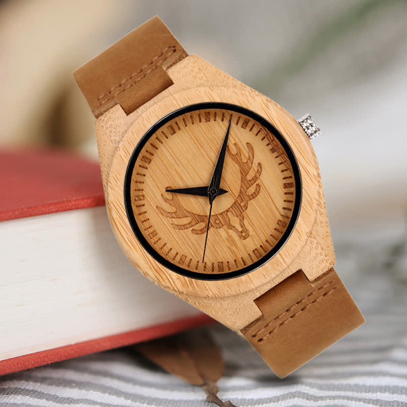 Men's Retro Carved Deer Dial Bamboo Wooden Watch