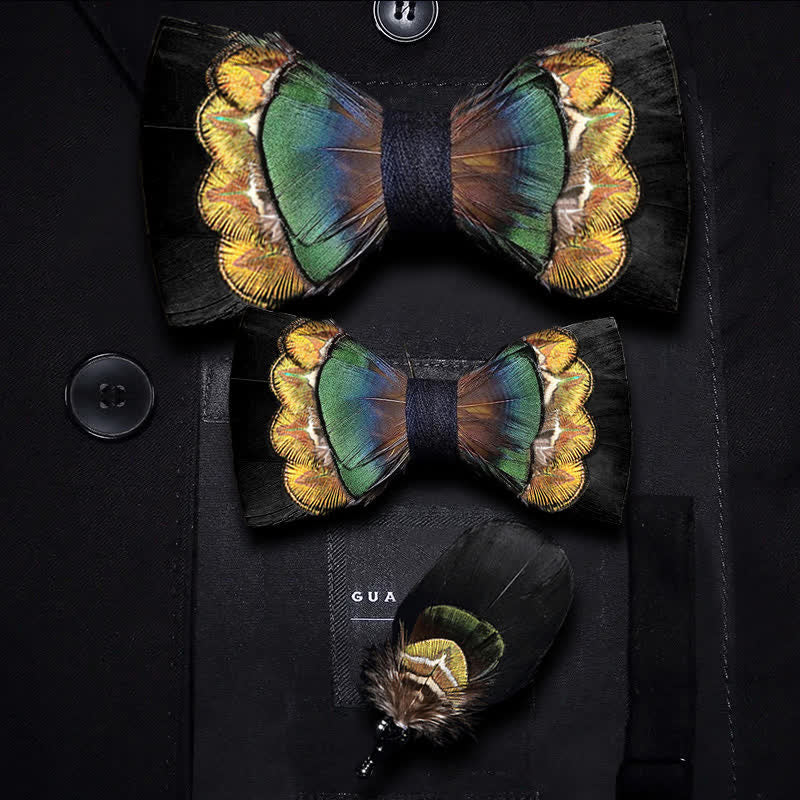 Kid's Black & Yellow-green Feather Bow Tie with Lapel Pin