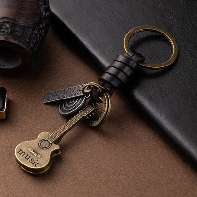 Cute Musical Guitar Pendant Leather Keychain