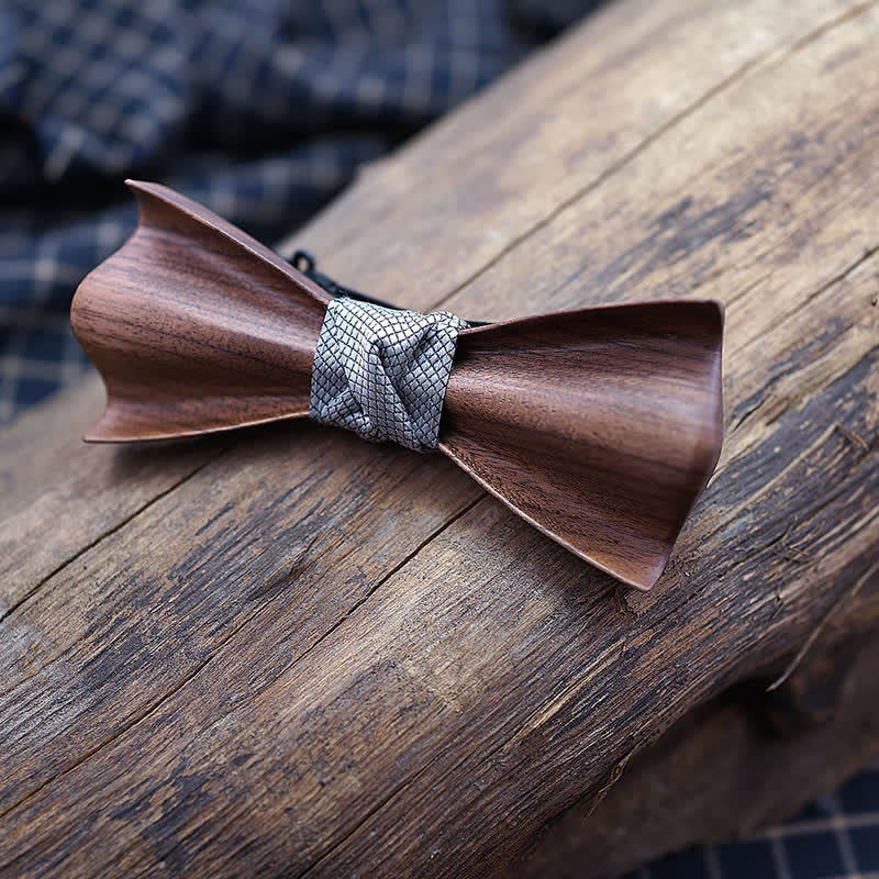 2Pcs Men's 3D Design Black Walnut Wooden Bow Tie Set