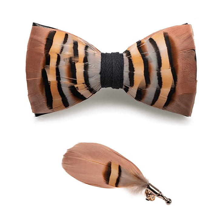 Brown & LightCoral Genius Chinchilla Feather Bow Tie with Lapel Pin