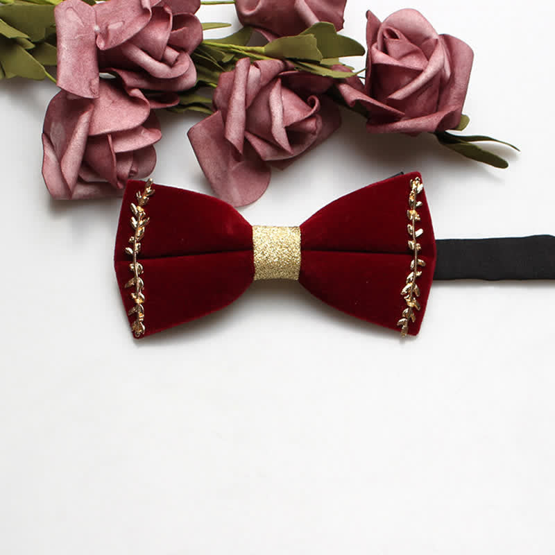 Men's Red Velvet Gold Tone Metal Flower Bow Tie