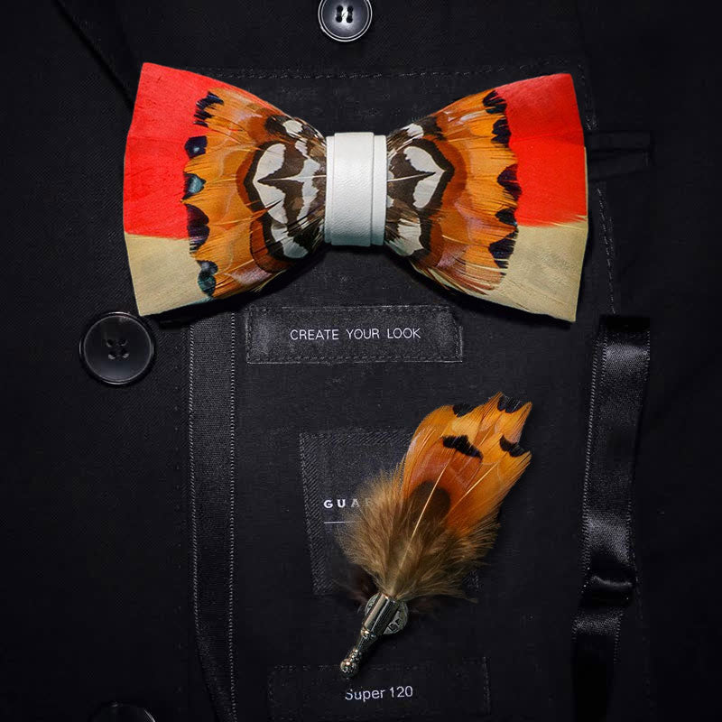 Orange & White Lively Feather Bow Tie with Lapel Pin