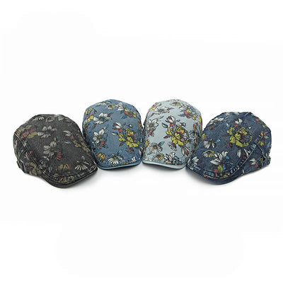 Fashion Floral Printed Denim Flat Beret Hat