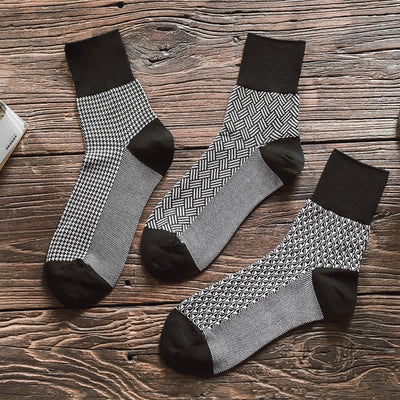 Men's Black Leisure Lattice Striped Crew Socks