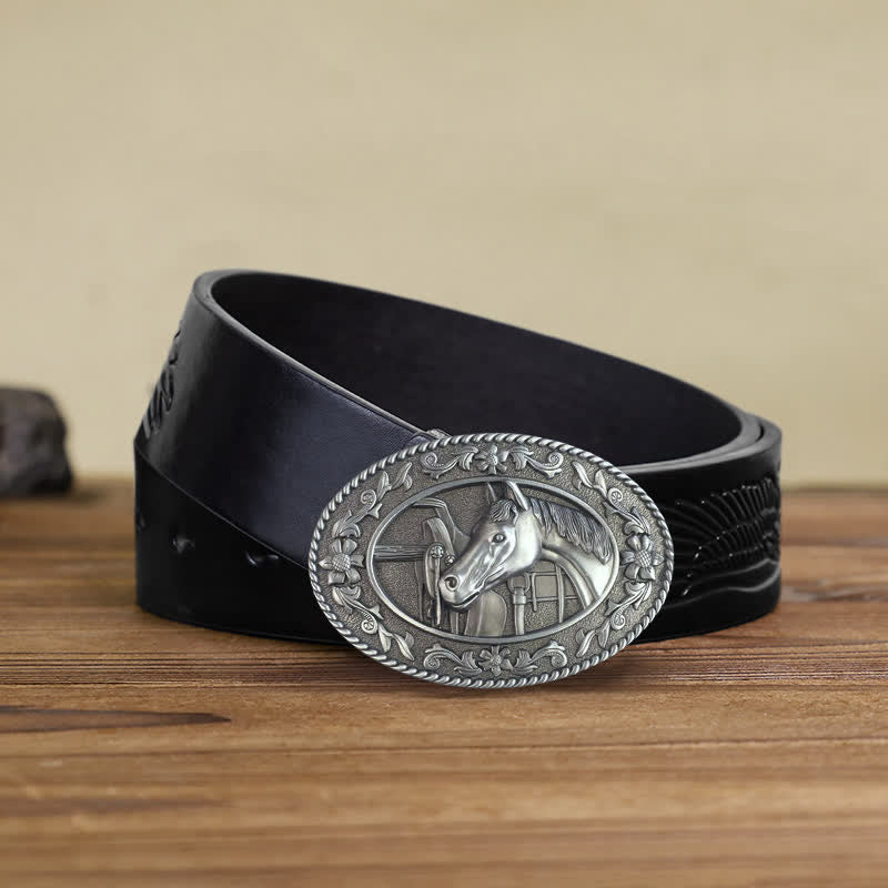 Men's DIY Horse Head Saddle Enameled Buckle Leather Belt