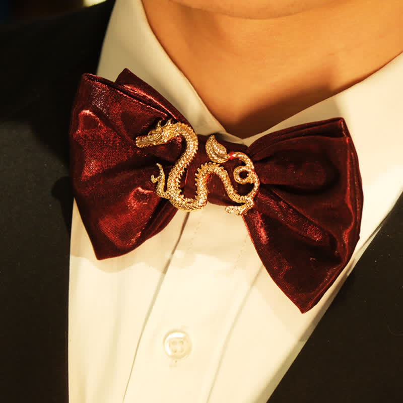 Men's Retro Shiny Burgundy Dragon Decor Bow Tie