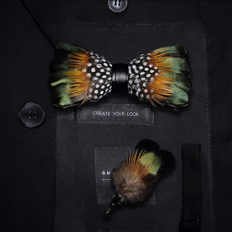 ForestGreen & Orange Vintage Feather Bow Tie with Lapel Pin