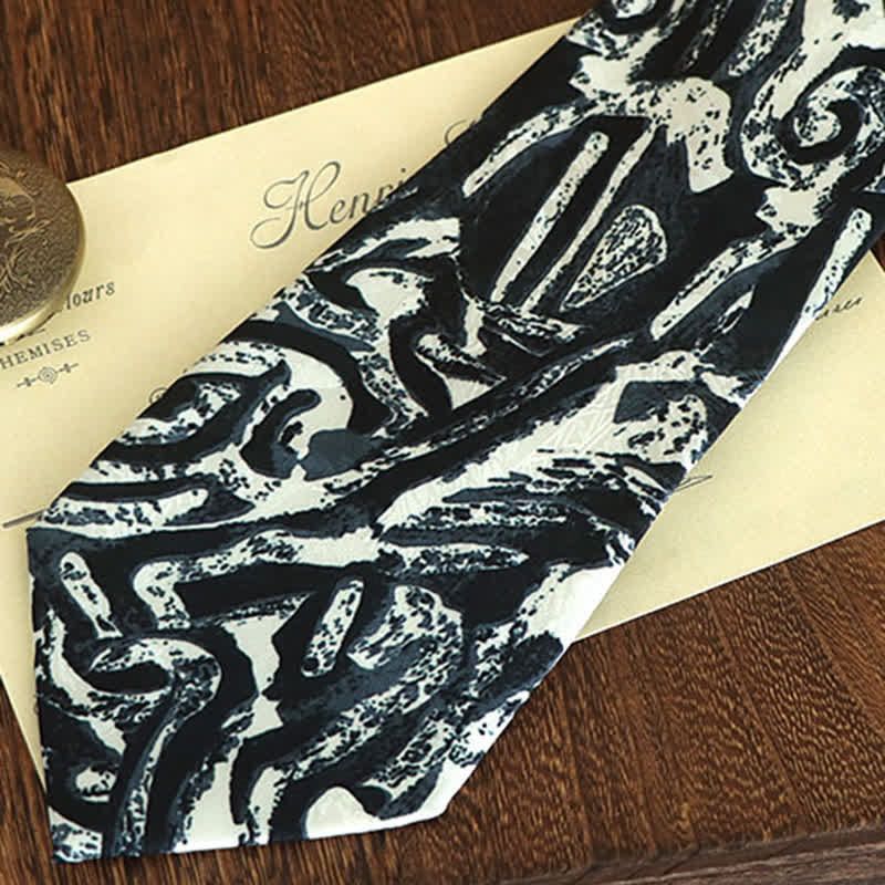 Men's Dark Blue Abstract Printed White Necktie