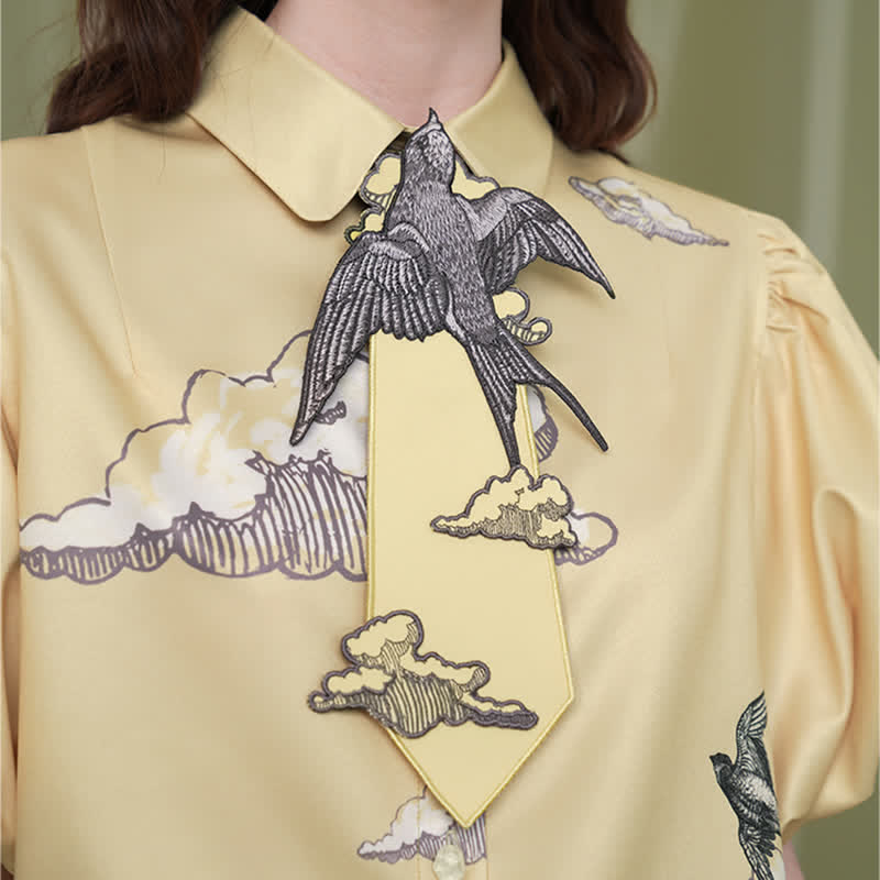 Women's Yellow Flying Swallow Embroidered Zipper Necktie