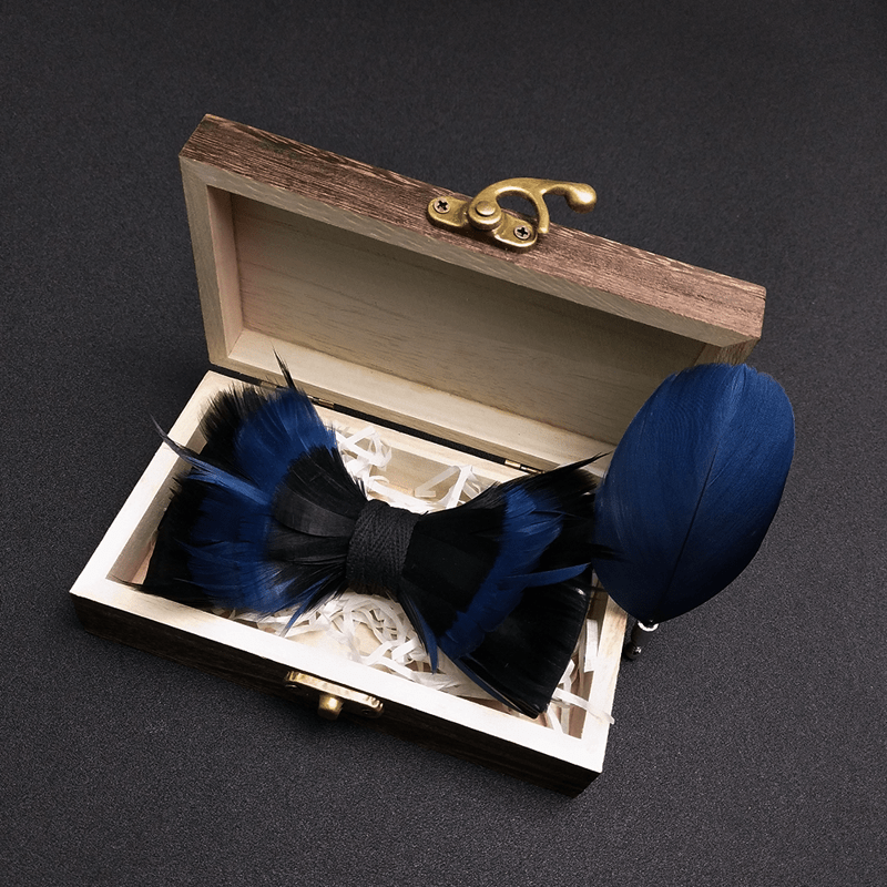 Kid's MidnightBlue & Black Feather Bow Tie with Lapel Pin