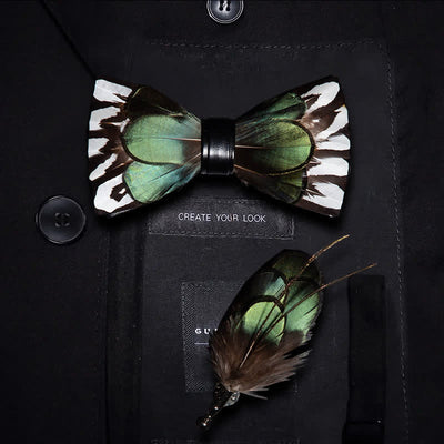 ForestGreen & White Feather Bow Tie with Lapel Pin