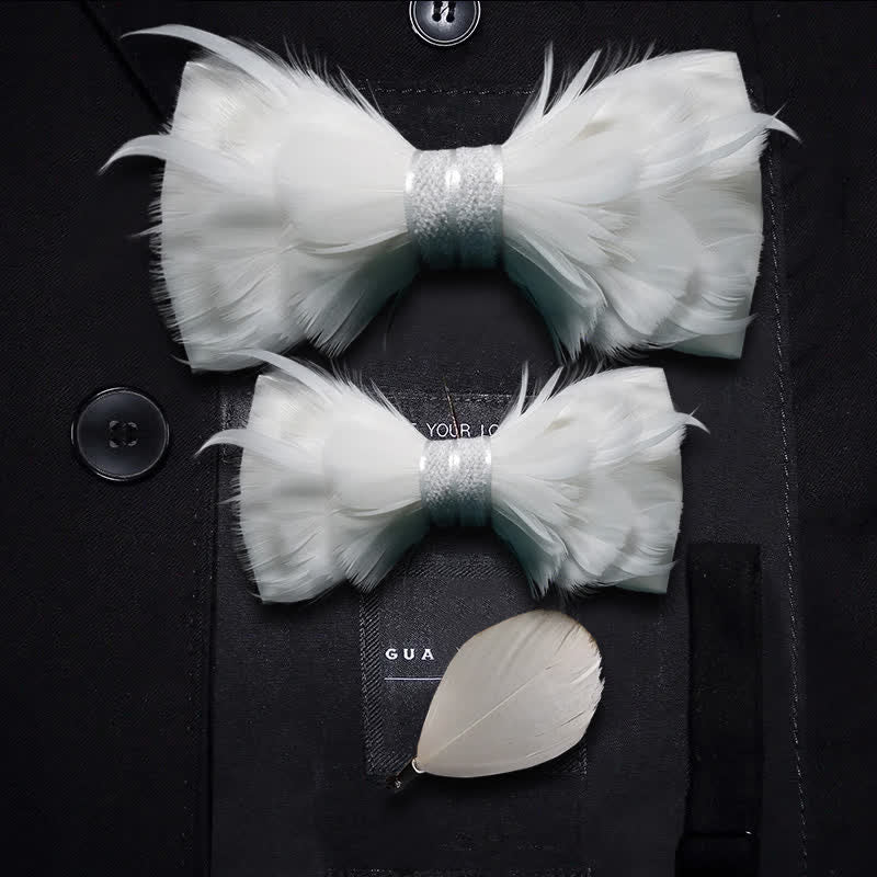 Pure White Prince Feather Bow Tie with Lapel Pin