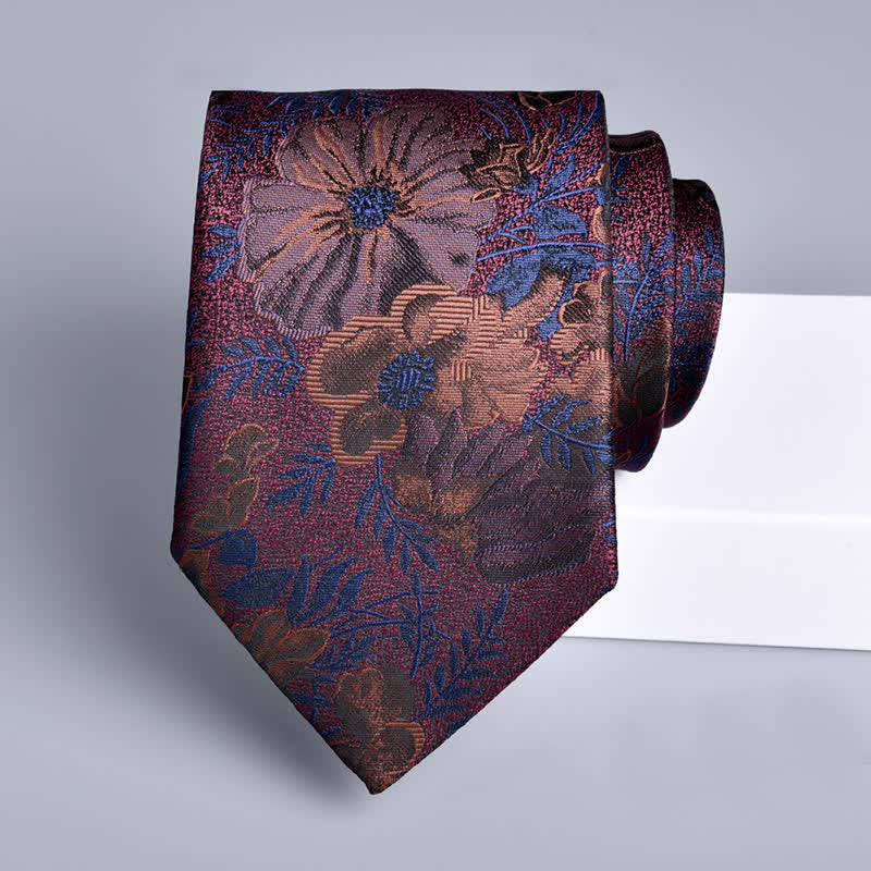 Men's Quiet Burgundy & Navy Flower Leaves Necktie