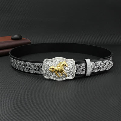 Men's Running Horse Silver Weave Embossed Leather Belt