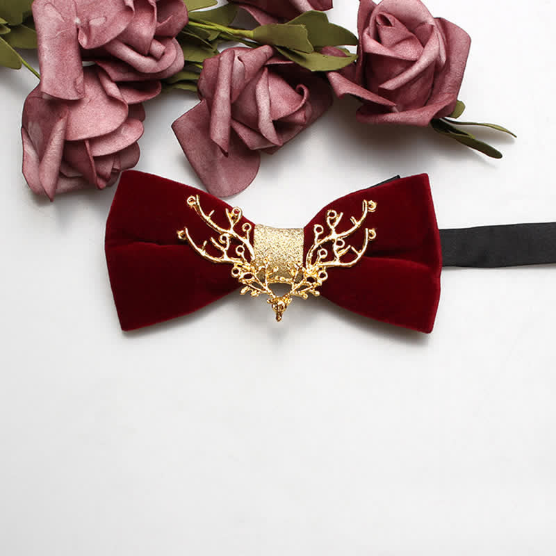 Men's Red Velvet Gold Tone Metal Flower Bow Tie