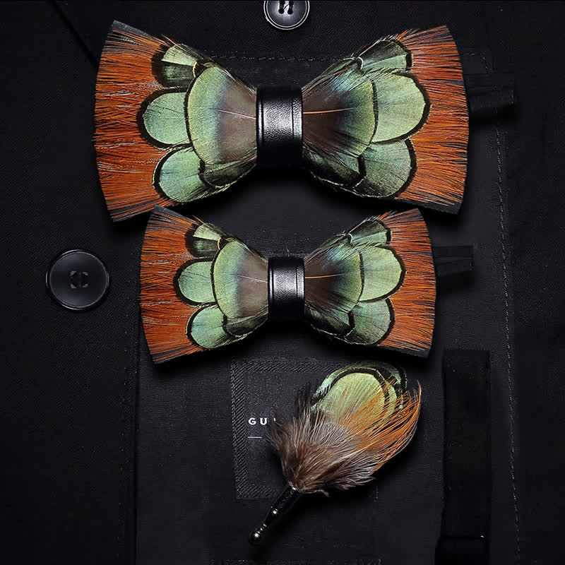Kid's Lightgreen & Brown Feather Bow Tie