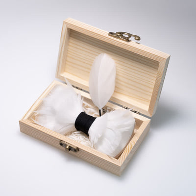 White & Black Elegant Feather Bow Tie with Lapel Pin