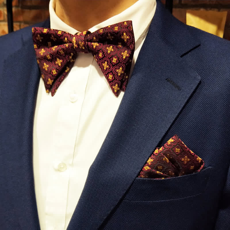 Men's Dark Red & Gold Embroidery Oversized Pointed Bow Tie