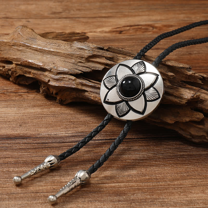 Oval Carved Petal Black Turquoise Stone Bolo Tie