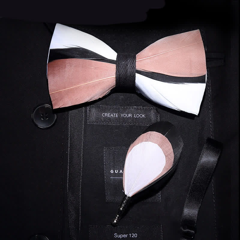 Pale Pink & White Wavy Feather Bow Tie with Lapel Pin