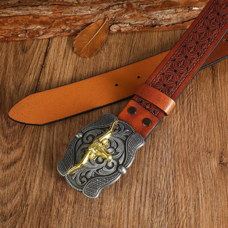 Men's Square Golden Longhorn Bull Leather Belt