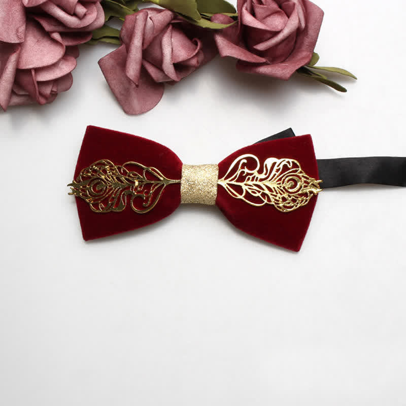Men's Red Velvet Gold Tone Metal Flower Bow Tie
