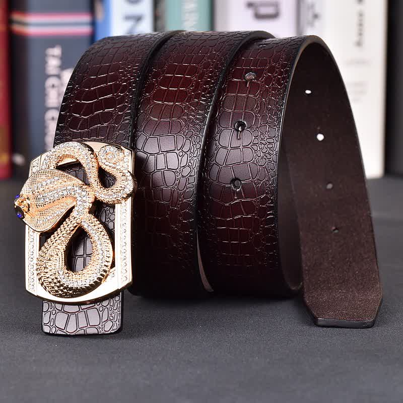 Men's Snake Rhinestone Crocodile Print Buckle Leather Belt